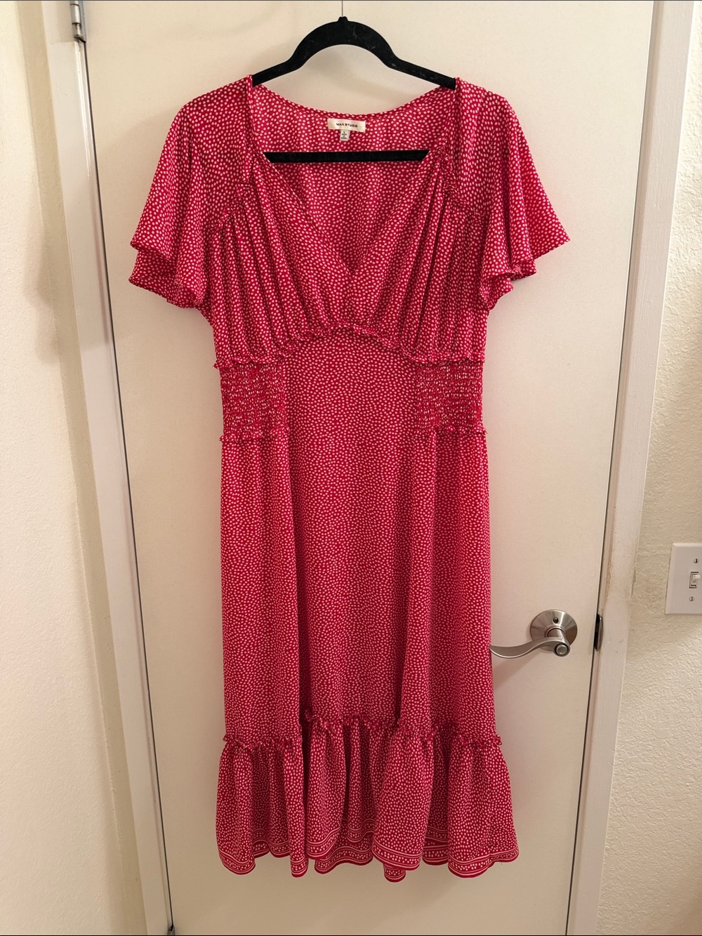 Max Studio Red Polka Dot V‑Neck Flutter Sleeve Midi Dress